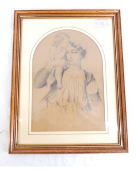 Drawing Woman and Child Signed LABEILLE 1871