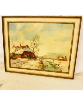 Large Oil on Canvas House Snow Scene
