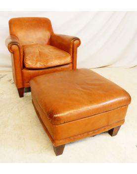 Leather Club Armchair with Footrest