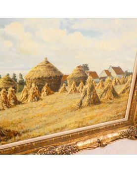 Large Oil on Canvas Haymaking by Henri DE BUDT
