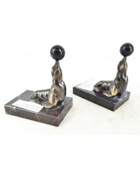 Pair of Sea Lion Decor Bookends on Marble Base